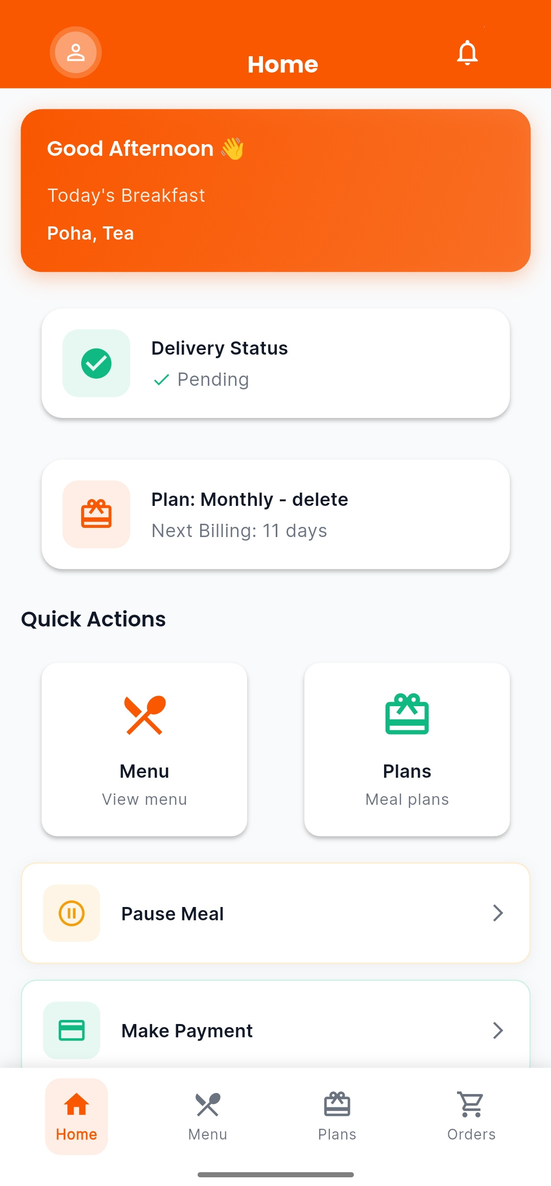 LunchPe app — home screen with meal plan and quick actions